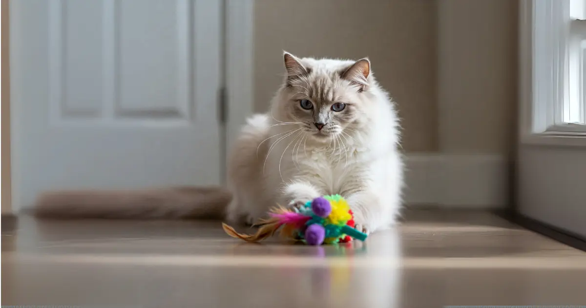 A Lilac Ragdoll cat playing with a colorful toy, showcasing its playful nature."This title and alt text are short, clear, and SEO-friendly.