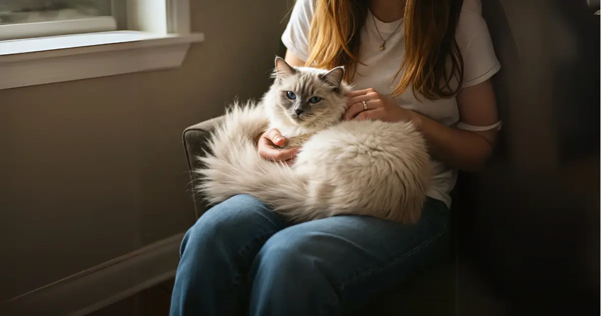 A Lilac Ragdoll cat lying down, displaying its soft coat and striking blue eyes.