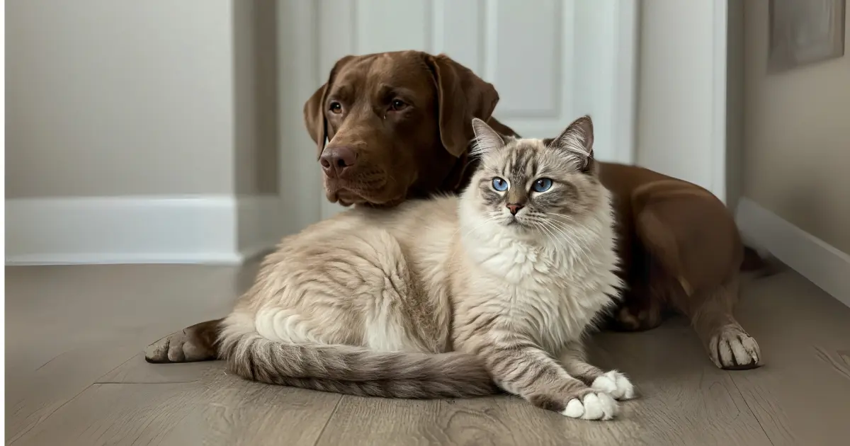 The Lynx Ragdoll Cat: A Beautiful, Unique Breed 4 A Lynx Ragdoll cat lounging peacefully next to a dog, showcasing their gentle and friendly nature with other pets.