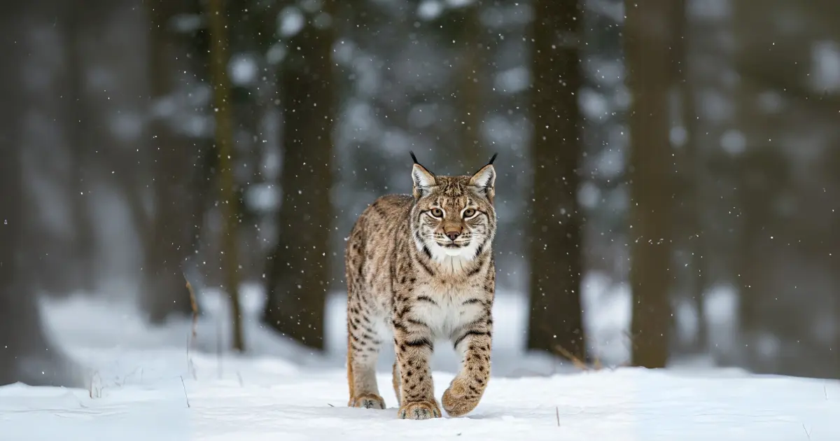 13 Cat Breeds with Ear Tufts (With Info & Pictures) 11 A Lynx with spotted fur, walking through snow-covered ground in a forest, with snowflakes falling around it.