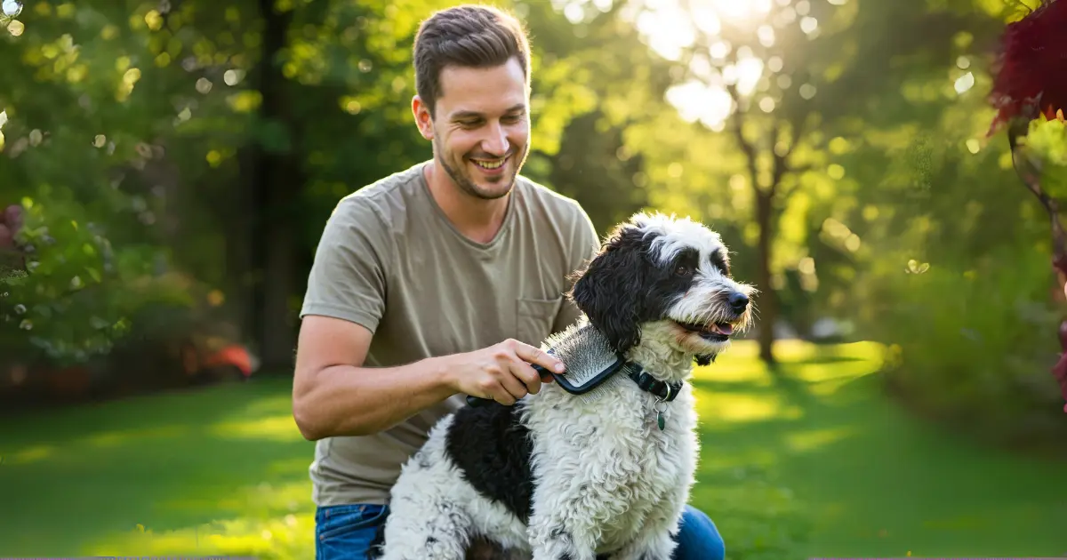 The Phantom Cockapoo: A Loving and Distinctive Family Pet 3 A man brushing his Cockapoo in a sunny garden, enjoying quality time together.