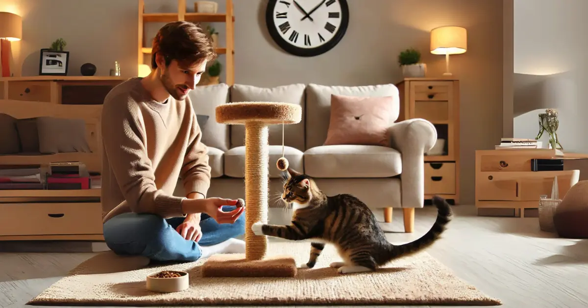 A man sitting on the floor, offering a treat to a tabby cat playing with a scratching post in a cozy living room with warm lighting.