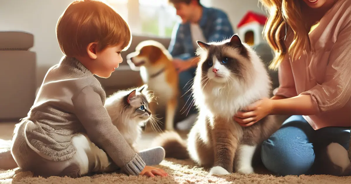 Munchkin Cat x Ragdoll: A Perfect Blend of Personality and Playfulness 5 A Munchkin x Ragdoll hybrid cat interacting with a family member or another pet in a warm, social setting. The cat looks comfortable and content, captured in bright, natural light.
