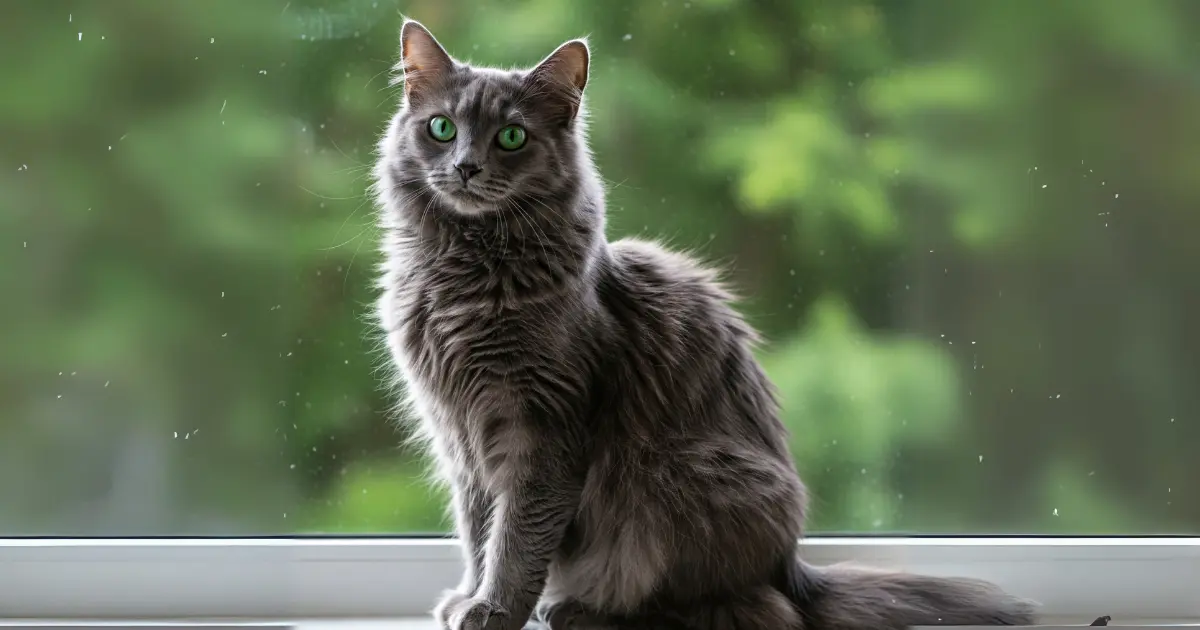 13 Cat Breeds with Ear Tufts (With Info & Pictures) 10 A Nebelung cat with long grey fur and green eyes, sitting by a window with a blurred green background.
