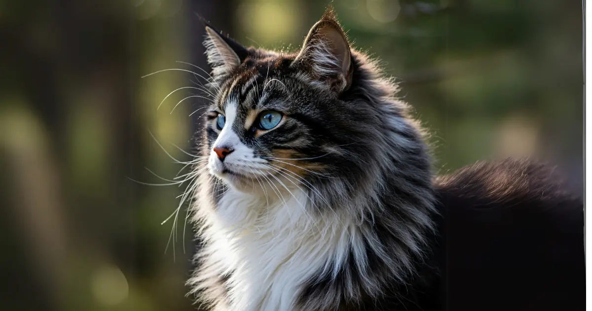 13 Cat Breeds with Ear Tufts (With Info & Pictures) 2 A Norwegian Forest Cat with a thick coat and striking blue eyes, gazing into the distance amidst a blurred green forest background.