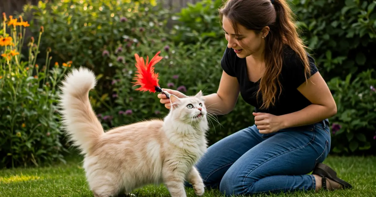Meet the American Keuda Cat: Personality, Care, and More 3 A woman playing with an american keuda cat using a feather toy in a garden.