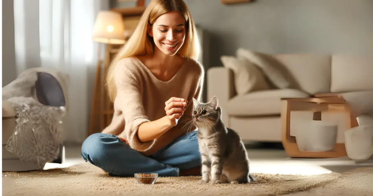 A smiling woman sitting on the floor, holding a treat while training a cat in a cozy living room.
