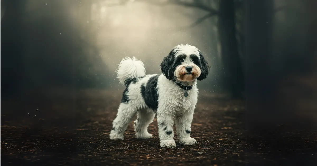 The Phantom Cockapoo: A Loving and Distinctive Family Pet 2 A Phantom Cockapoo standing in a misty forest, looking alert and poised.