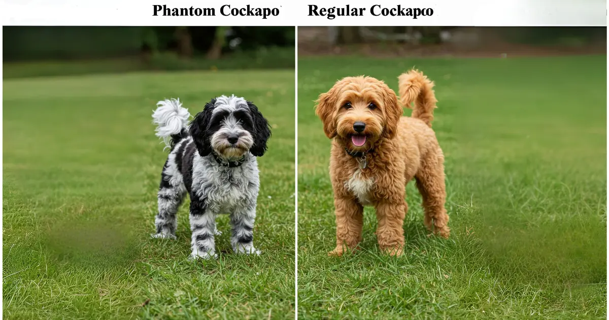 The Phantom Cockapoo: A Loving and Distinctive Family Pet 4 Comparison of a Phantom Cockapoo (black and white) and a Regular Cockapoo (golden), both standing on grass.