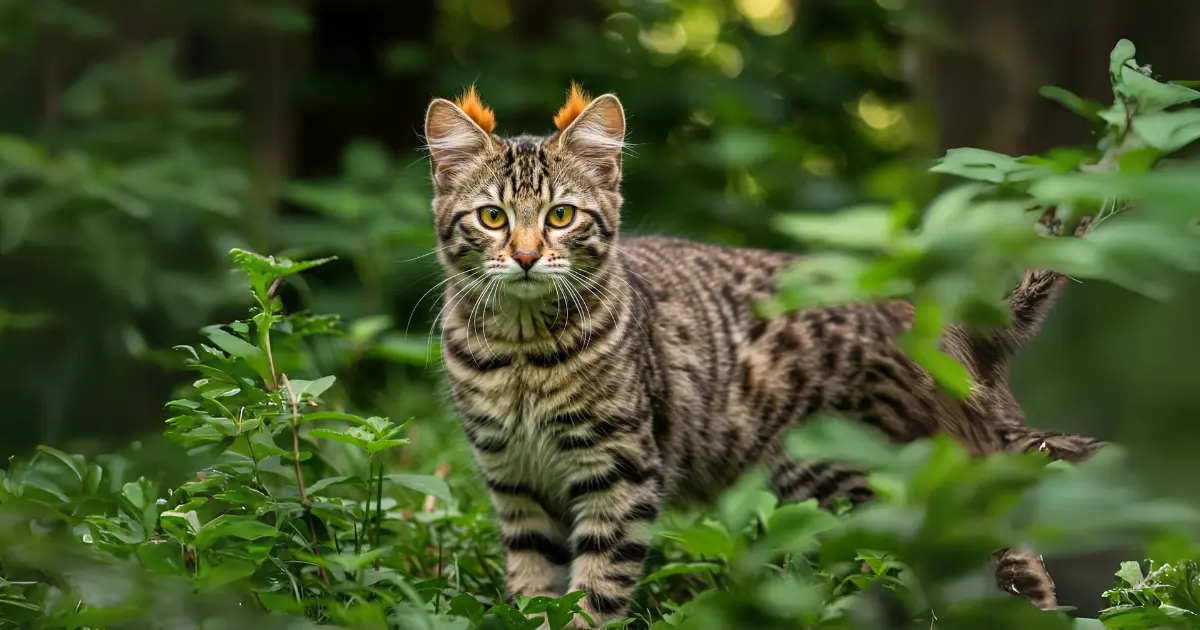 13 Cat Breeds with Ear Tufts (With Info & Pictures) 5 A Pixiebob cat with a spotted coat and curled ears, walking through lush greenery in a natural setting.