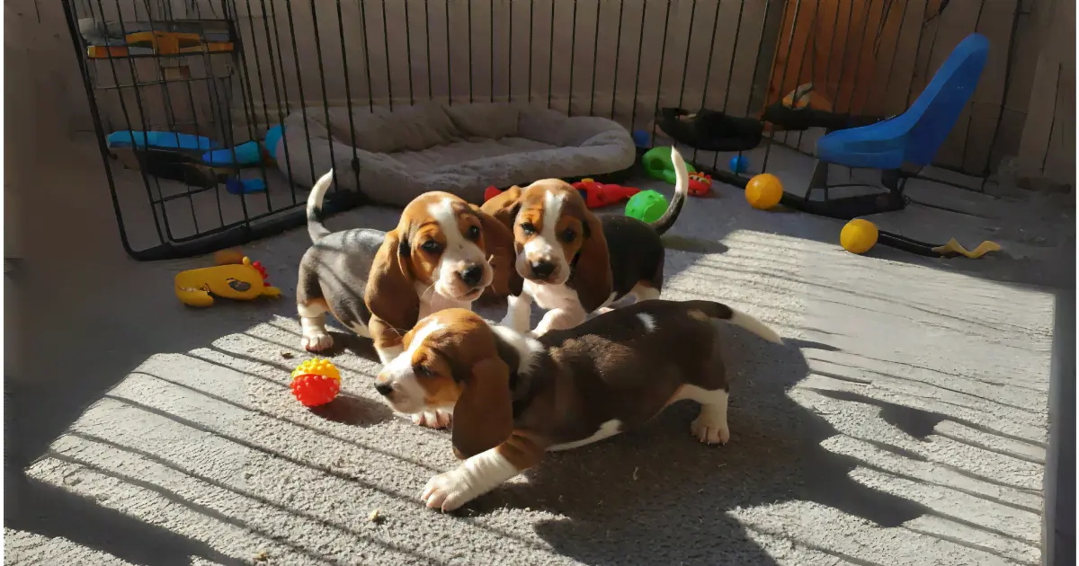 Basset Hound Breeding Problems: What Every Breeder Should Know 4 Three basset hound puppies playing with toys in a sunlit room.