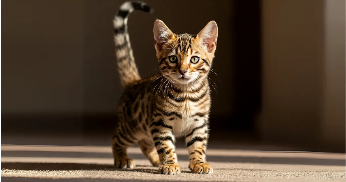 Cashmere Bengal Kittens: Everything You Need to Know 4 Cashmere Bengal kitten standing with spotted coat and playful expression
