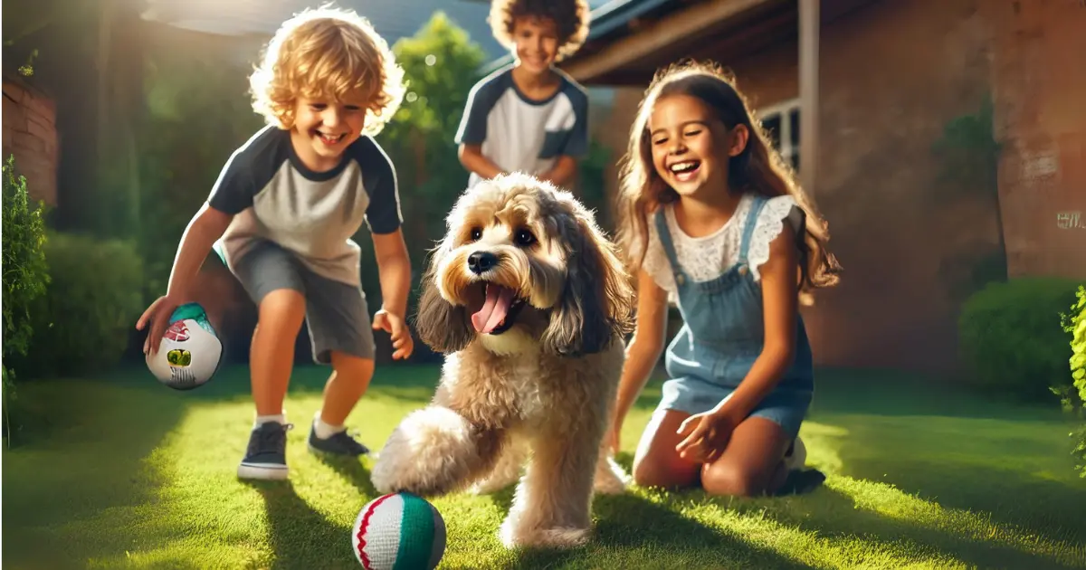 The Phantom Cockapoo: A Loving and Distinctive Family Pet 5 A Phantom Cockapoo playing fetch with kids in a sunny backyard, showcasing its friendly nature.
