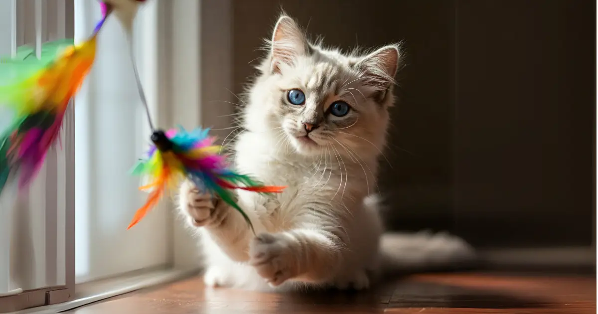 A playful Ragdoll kitten with blue eyes chasing a colorful feather toy, showcasing its energetic and curious nature.