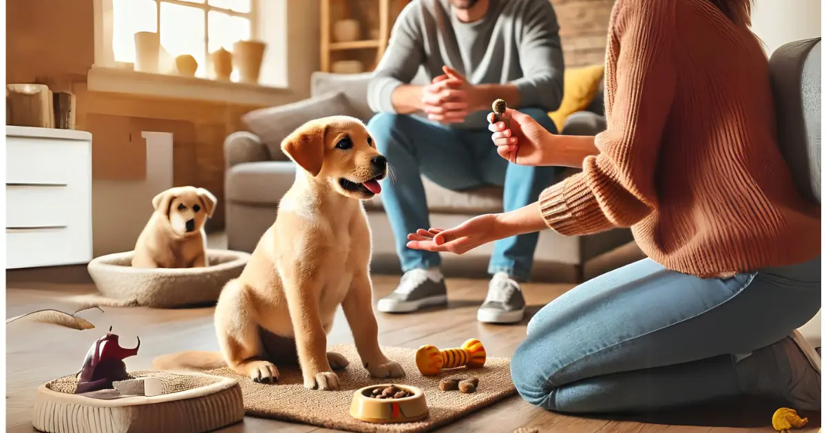 10 Easy Ways to Improve Your Dog’s Behavior 1 A puppy attentively listening to its owner during a training session at home, with treats and toys nearby.