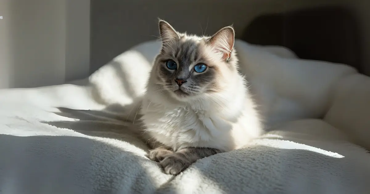 13 Cat Breeds with Ear Tufts (With Info & Pictures) 7 A Ragdoll cat with a fluffy coat and striking blue eyes, resting on a soft bed, bathed in warm sunlight.