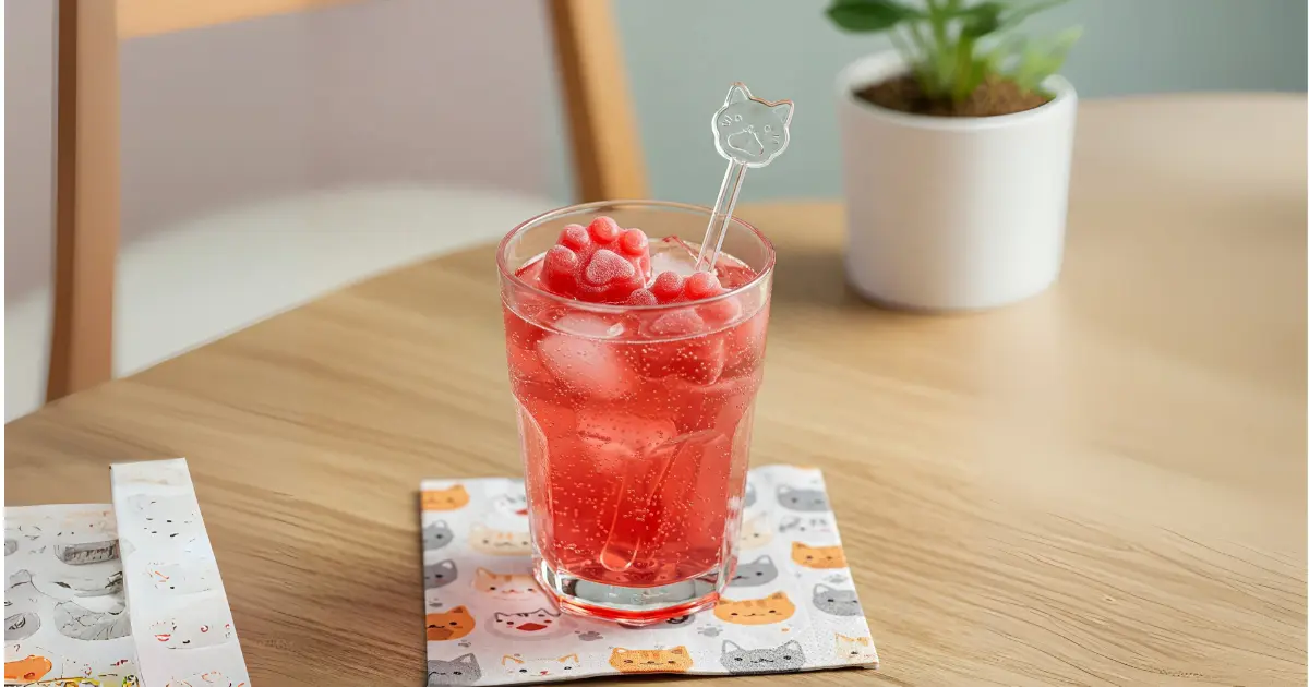 Fun and Creative Cat-Themed Drinks for Cat Lovers 2 A glass of pink Kitty Fizz with paw-shaped ice cubes and a cat-shaped stirrer on a wooden table with cat-themed coasters.