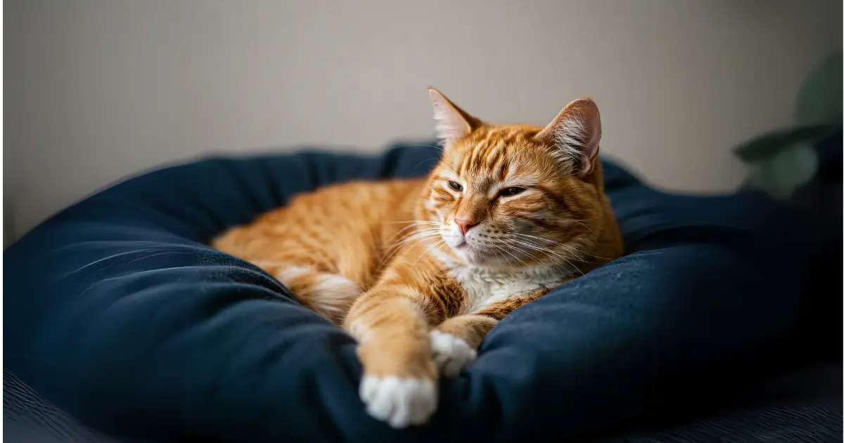 Cat Foamy Urine: Health Concerns, Causes, and Solutions 4 Ginger cat lying comfortably on a blue cushion, looking relaxed and calm.