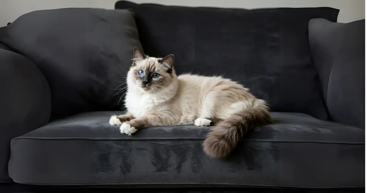 A calm Ragdoll cat with blue eyes lounging comfortably on a couch, showcasing its relaxed and affectionate nature.