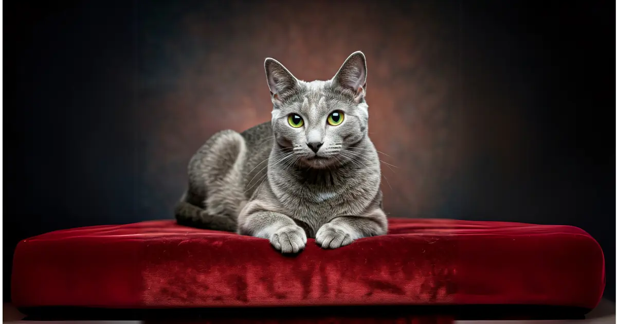 Low-Maintenance Cat Breeds: The Best Felines for Busy Owners 2 Russian blue sitting on red mattress