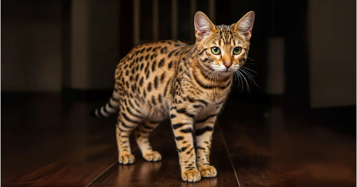 Everything You Need to Know About the Savannah Bengal Mix 1 A Savannah Bengal mix cat with a sleek, spotted coat standing on a wooden floor, gazing attentively with bright green eyes.
