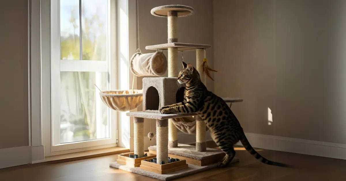 Everything You Need to Know About the Savannah Bengal Mix 4 A Savannah Bengal mix cat standing on its hind legs, curiously interacting with a multi-level cat tree near a bright window.