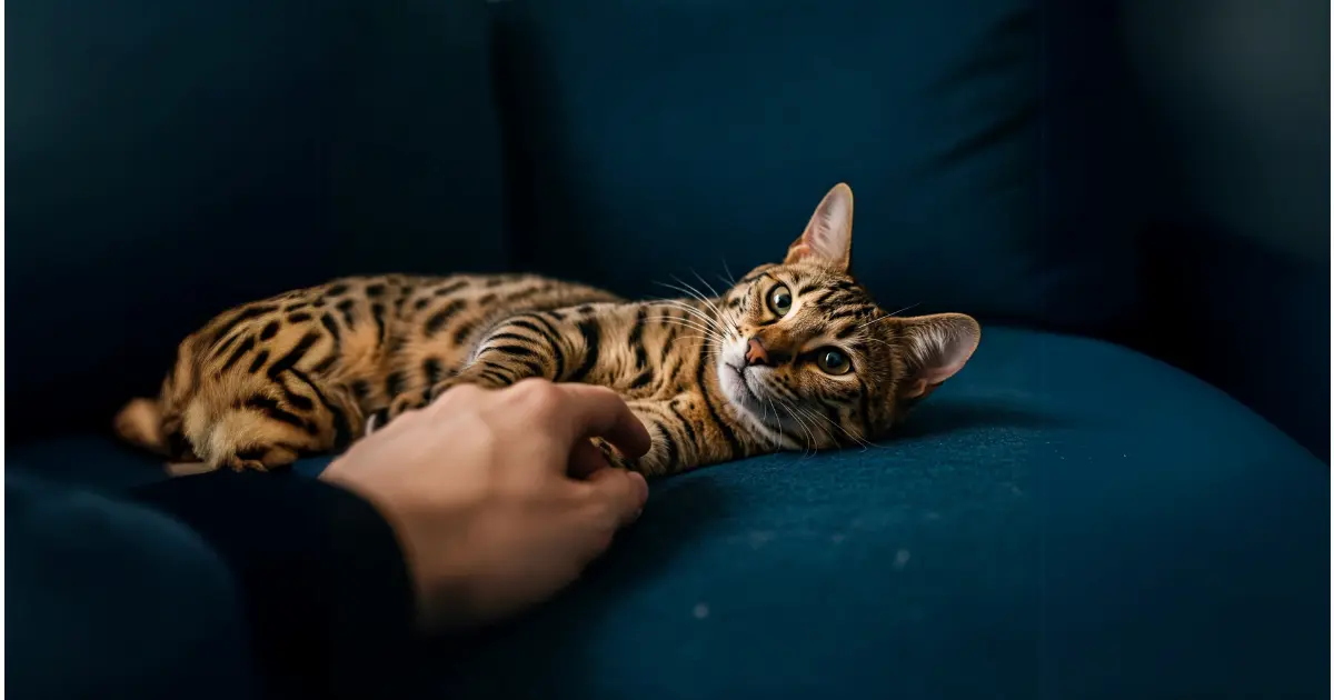 Everything You Need to Know About the Savannah Bengal Mix 3 A Savannah Bengal mix cat lying on a deep blue couch, gazing calmly while a person gently pets its belly.