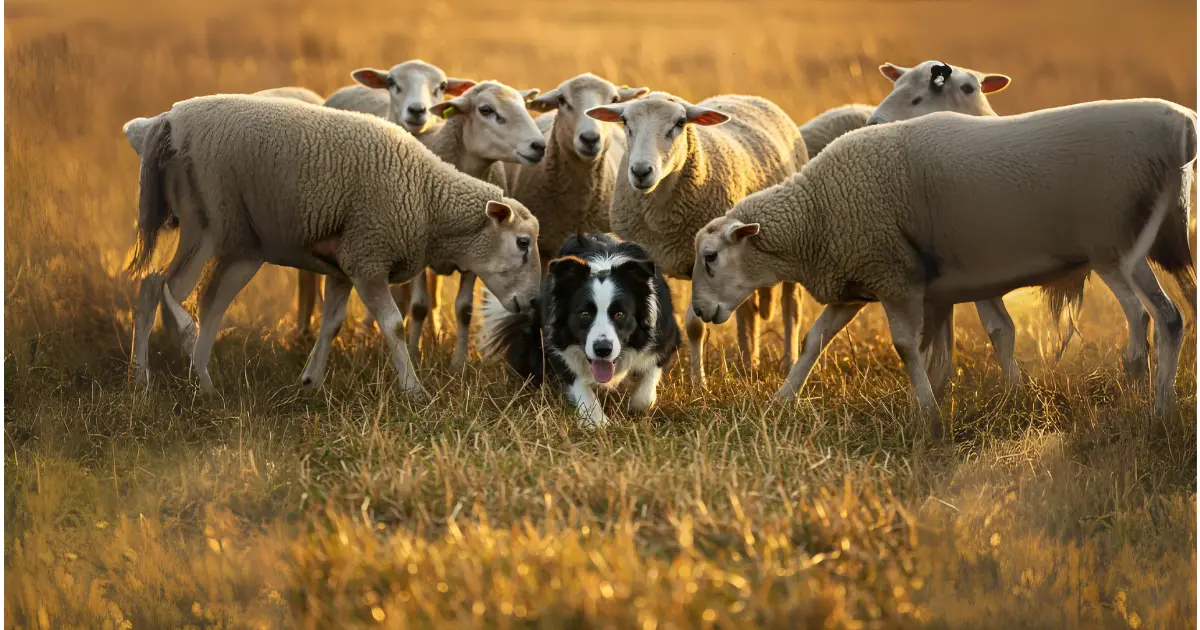 A border collie herding a group of sheep in a grassy field during sunset.