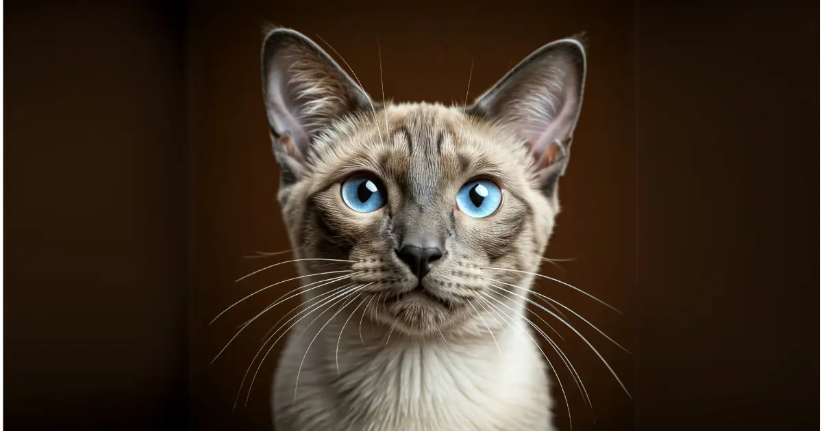Most Affectionate Cats: Meet Your Cuddle-Ready Companions 9 A close-up of a Tonkinese cat with vibrant blue eyes and a sleek coat, looking attentively with a curious and intelligent expression against a dark background.