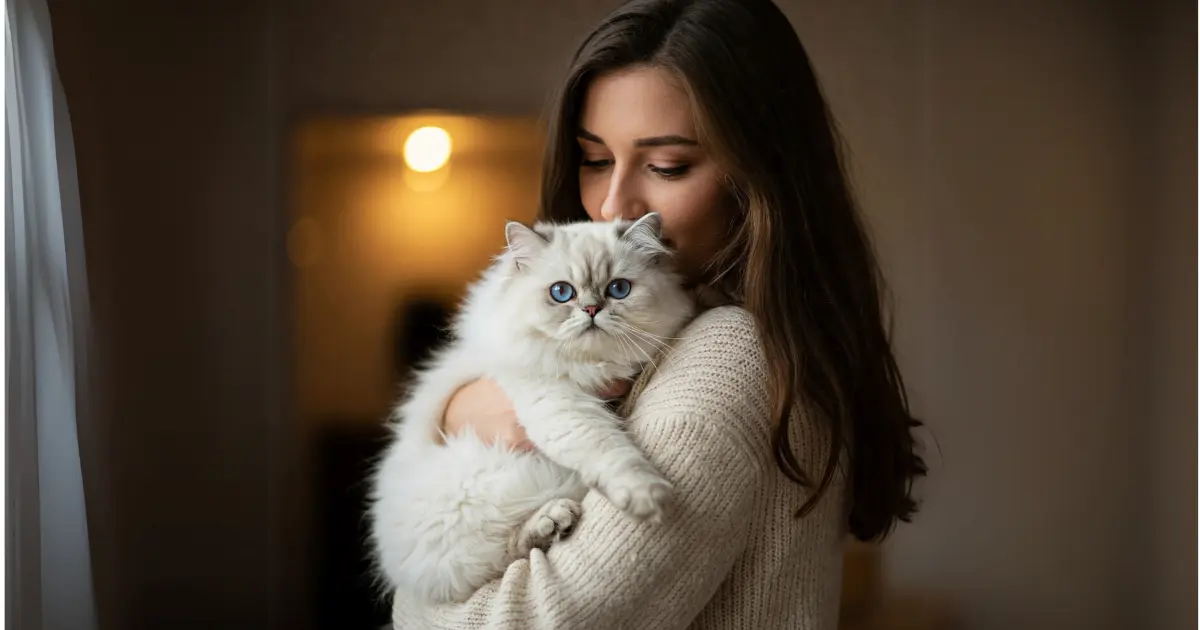 Ultimate Guide to Owning a Full-Grown Teacup Persian 2 A person cuddling a Teacup Persian Cat, showcasing the breed's affectionate and loving nature.