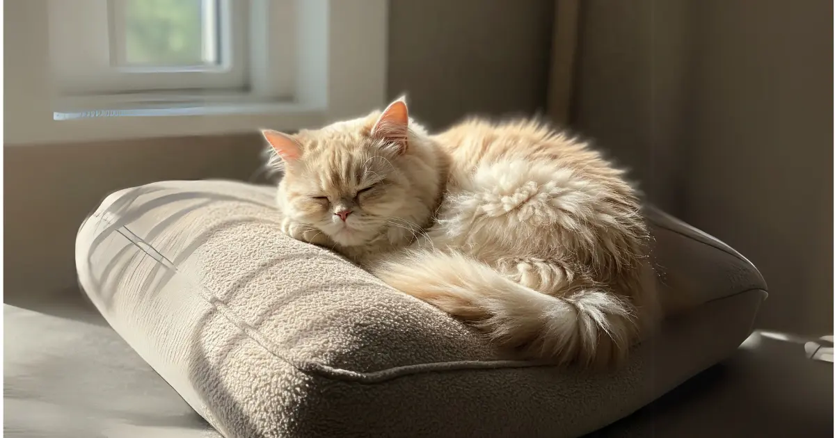 Ultimate Guide to Owning a Full-Grown Teacup Persian 4 A Teacup Persian Cat peacefully napping on a cushion, basking in the sunlight.