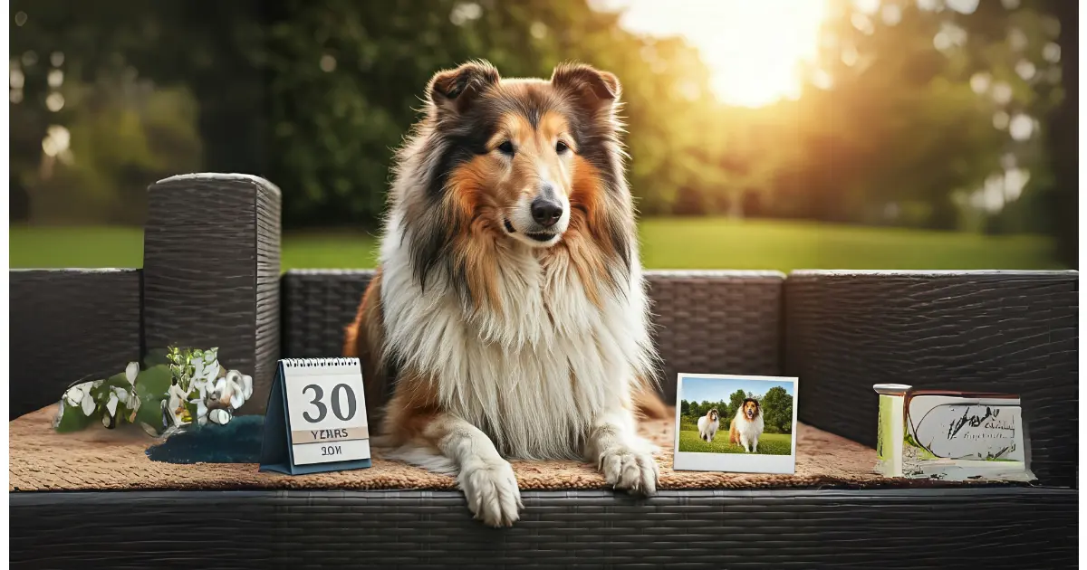 Fascinating Dog Facts for Kids, Breeds, Behavior, and Beyond 9 “Collie dog sitting on a bench with a calendar, photo, and small keepsake, showing a special moment.