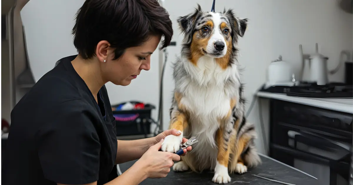 Australian Shepherd Fur – Pro Tips for a Healthy Coat 4 Professional groomer trimming the nails of an Australian Shepherd dog.