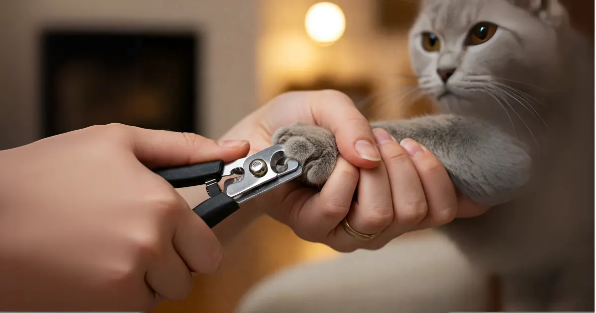 A person carefully trimming a cat’s nails with cat-specific clippers, ensuring a safe and gentle grooming process.