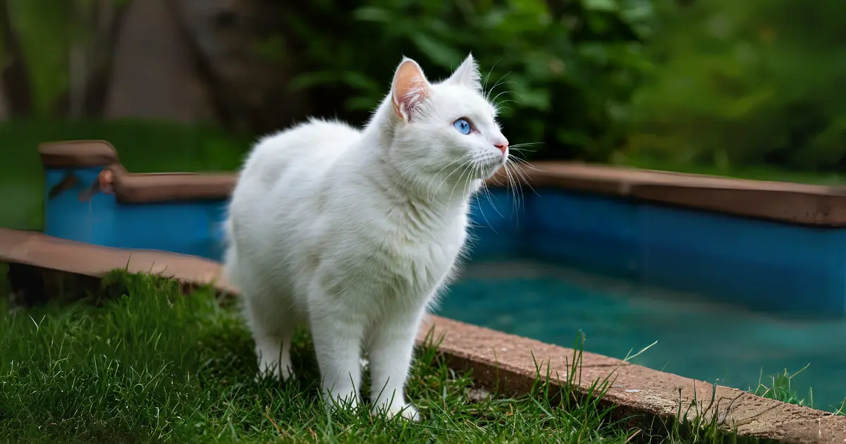 13 Cat Breeds with Ear Tufts (With Info & Pictures) 6 A Turkish Van cat with a fluffy white coat and blue eyes, standing on the grass near a pool, looking up curiously.