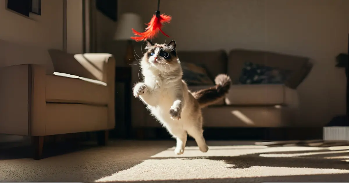 Say Hello to the Tuxedo Ragdoll: The Cat Who'll Steal Your Heart 2 A tuxedo Ragdoll cat jumping to catch a feather toy, displaying its playful nature.