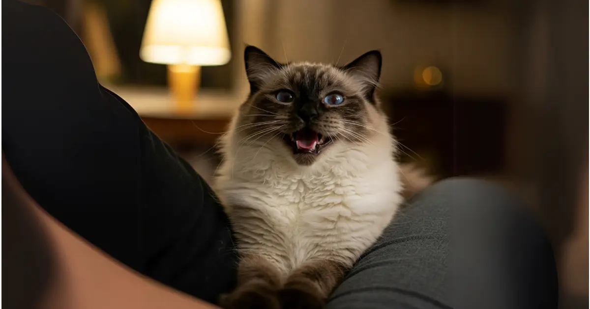 Say Hello to the Tuxedo Ragdoll: The Cat Who'll Steal Your Heart 4 A tuxedo Ragdoll cat resting on its owner’s lap, displaying its striking blue eyes and affectionate demeanor.