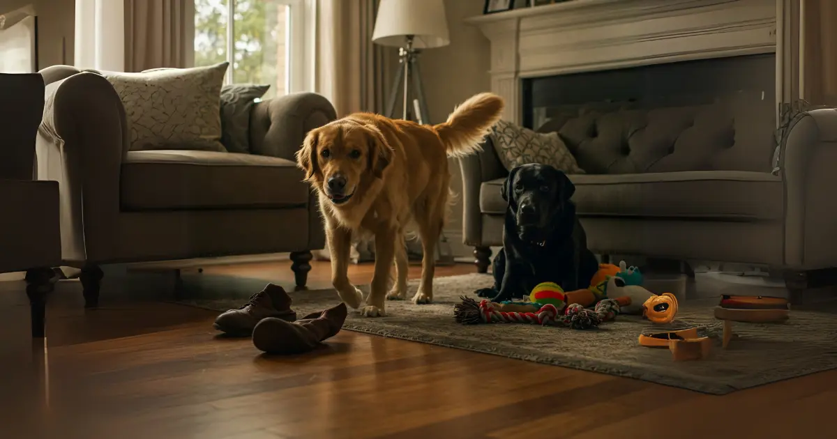 Mental Stimulation for Dogs: Best Mind Games and Puzzle Toys 2 Golden Retriever and black Labrador in a living room with toys.