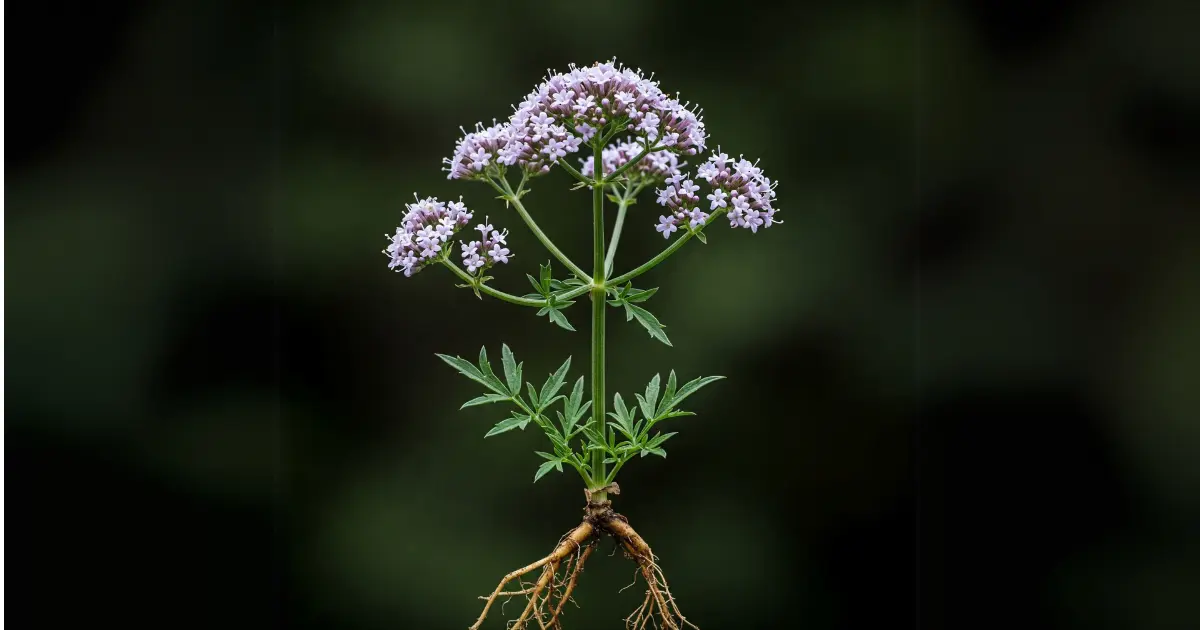 Valerian Dosage for Dogs by Weight 2 A close-up of a Valerian plant with purple flowers and visible roots, showcasing the source of Valerian used for calming dogs.
