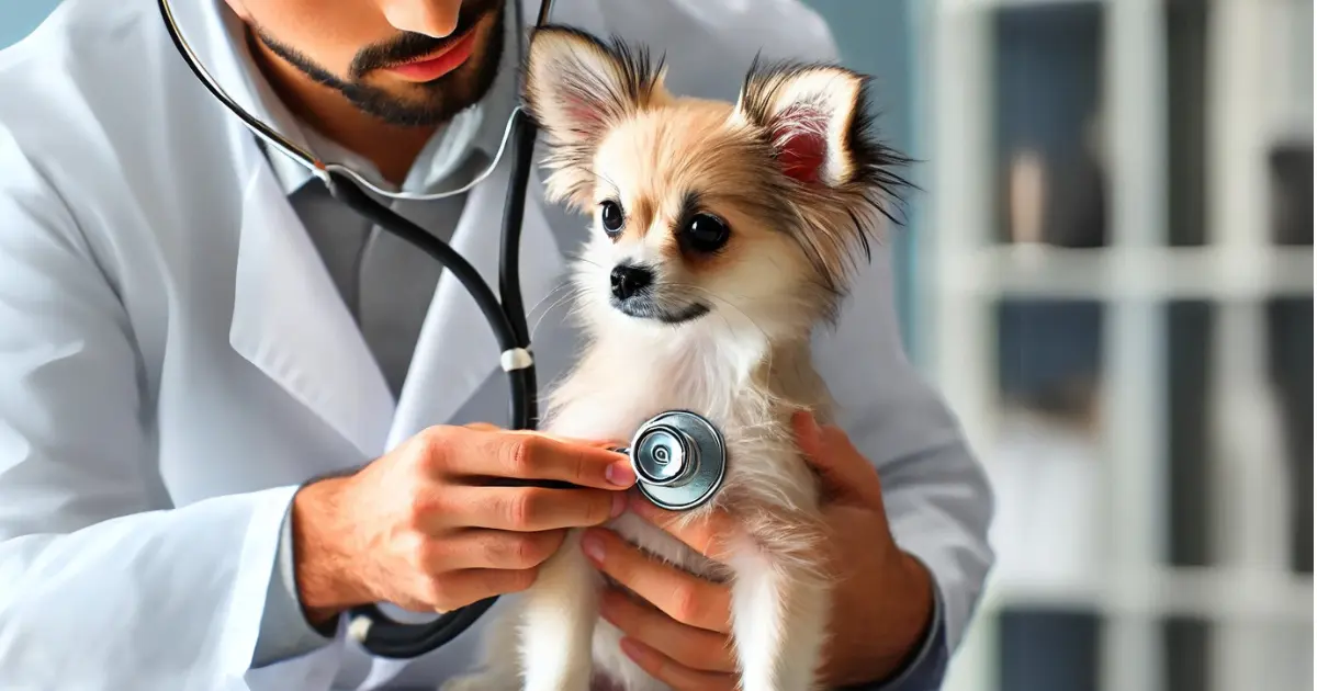 A veterinarian using a stethoscope to check a small dog’s lungs, ensuring respiratory health in a clinical setting.