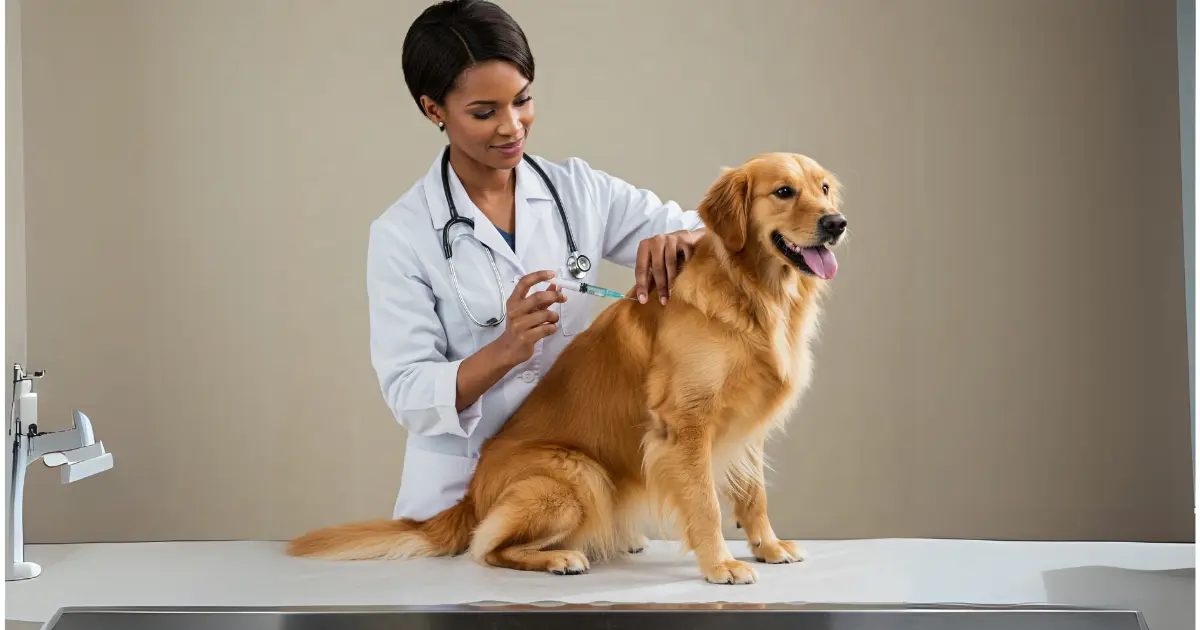 How to Get Over-the-Counter Heartworm Medicine for Dogs 4 A veterinarian giving heartworm medication to a golden retriever at the clinic.