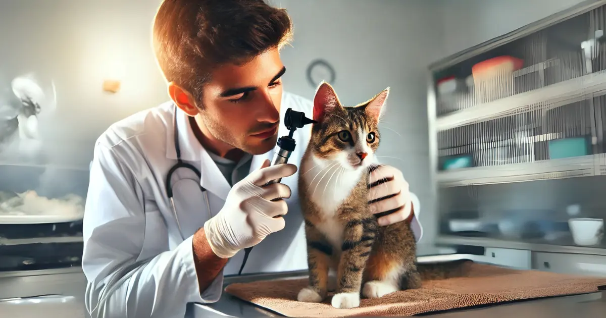 Cat Ear Cleaning: A Simple Guide to Safely Clean Your Cat’s Ears 4 A veterinarian inspecting a cat’s ear for infection using an otoscope in a clean veterinary clinic.