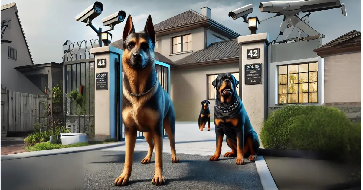 Guard Dogs vs Companion Dogs: Which One’s Right for You? 1 Alert guard dogs, including a German Shepherd, Doberman, and Rottweiler, in a gated yard with security features, showcasing strength and loyalty.