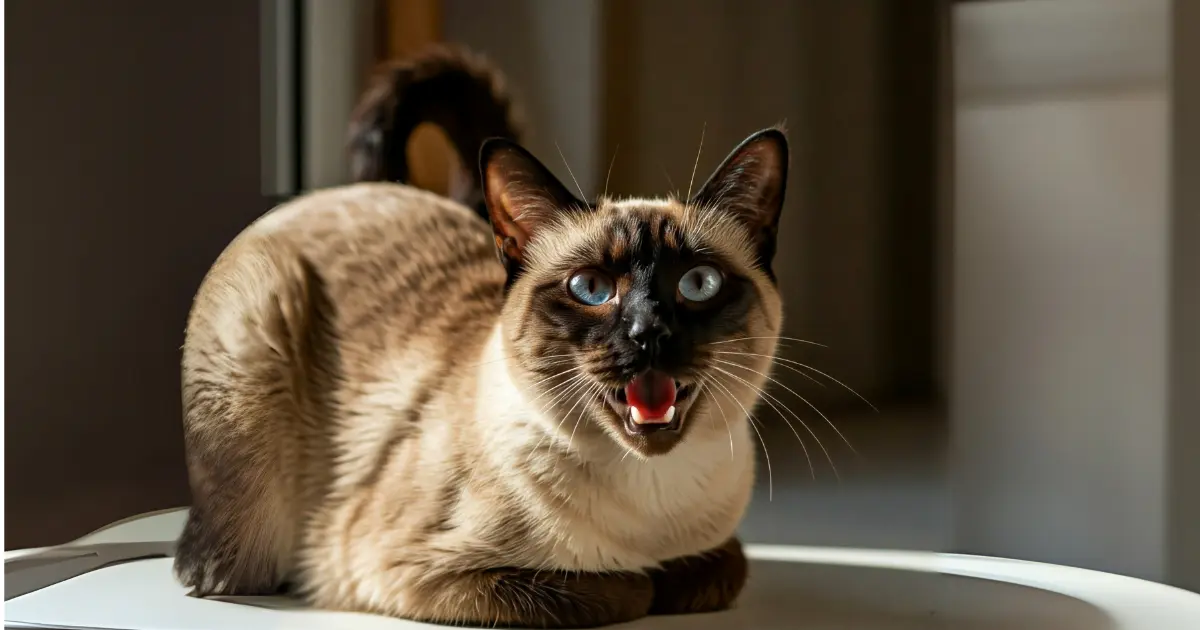 Most Affectionate Cats: Meet Your Cuddle-Ready Companions 2 A lively Siamese cat with blue eyes meowing in a bright indoor setting, showcasing its expressive and talkative nature.