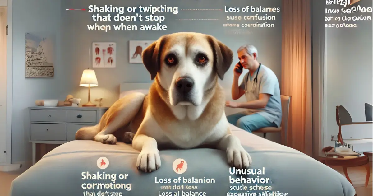 Why Dogs Shake in Sleep: Causes and How to Help 3 Dog showing signs of concern, with text highlighting issues like persistent shaking, loss of coordination, and unusual behavior, alongside a vet in the background