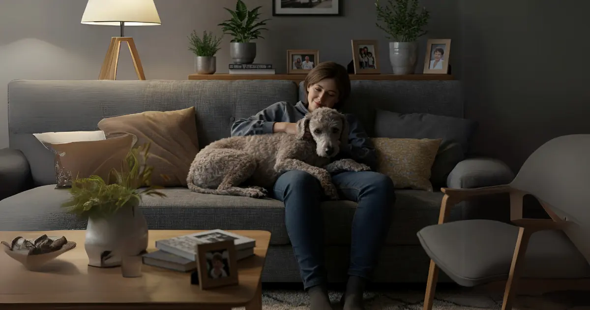 Whippet Poodle Miniature Cross: The Perfect Mix of Speed and Smarts 5 Whippet Poodle Miniature Cross relaxing with its owner on the couch, showing affection and calm behavior.