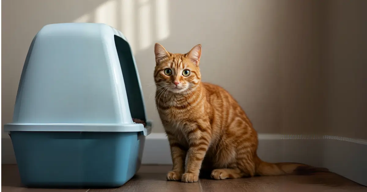 Cat Foamy Urine: Health Concerns, Causes, and Solutions 2 Orange tabby cat standing next to a litter box in a clean, well-lit room.