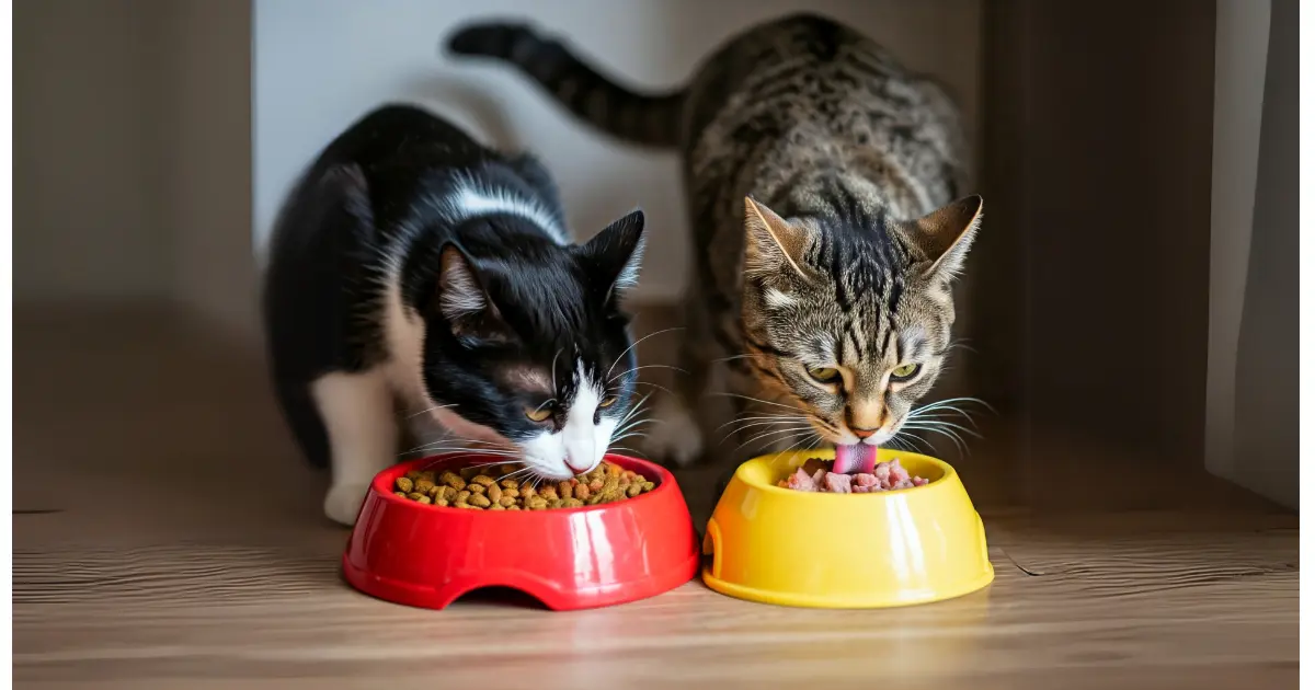 Cat Nutrition Basics for Beginners: A Complete Guide to Healthy Diet Choices 1 "A black and white cat and a tabby cat eating from colorful food bowls on a wooden floor."