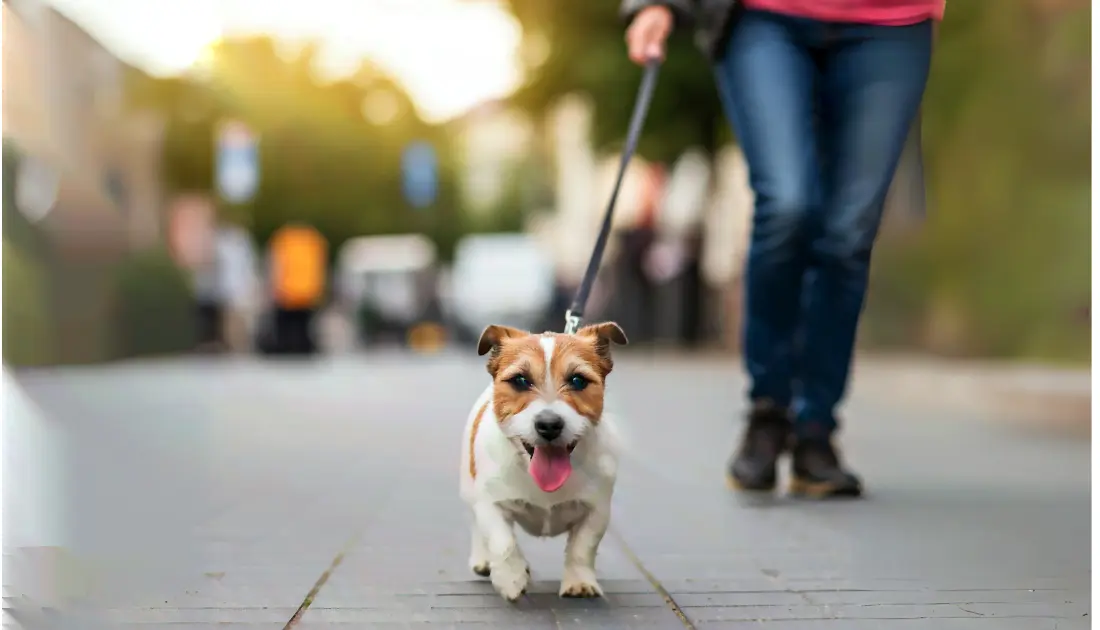 Essential Dog Care Tips for Happy and Healthy Pets 2 A happy small dog on a leash walking with its owner in an urban setting.