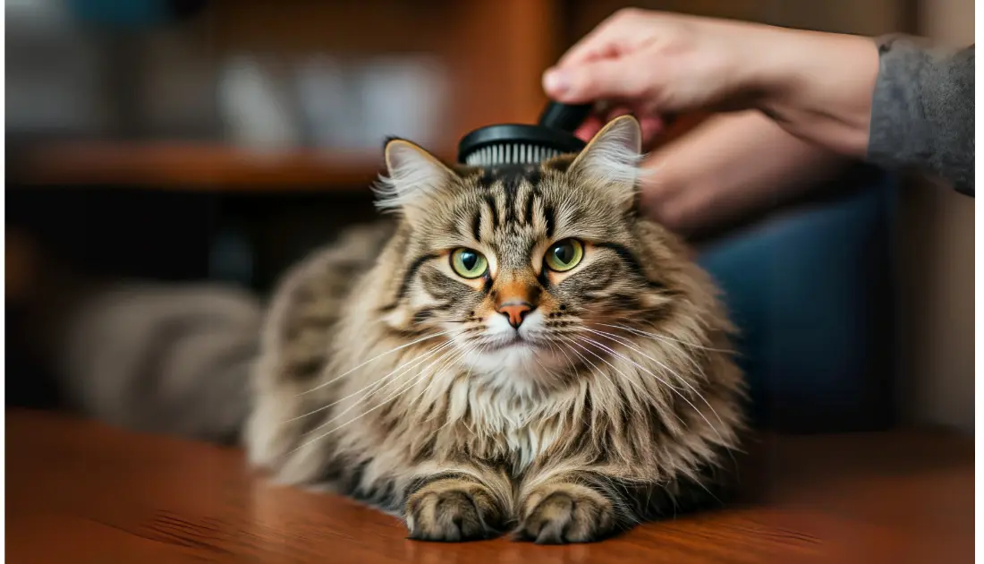 Best Way to Groom a Long-Haired Cat 2 long-haired cat getting brush by human